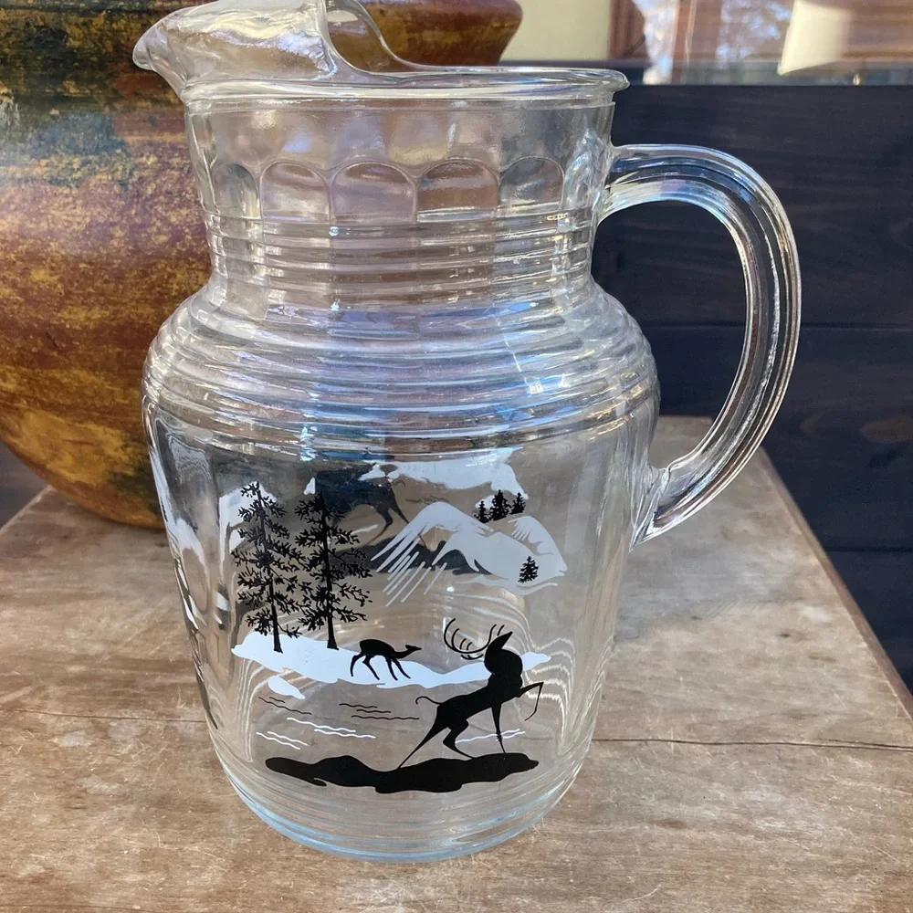 Winter scene Christmas glass pitcher snowy mountains forest reindeer buck‎